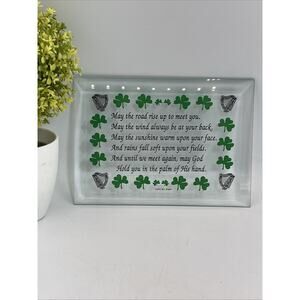 Celtic Art Glass “may god Hold You In The Palm Of His Hand” 7x5” Shamrock Clover